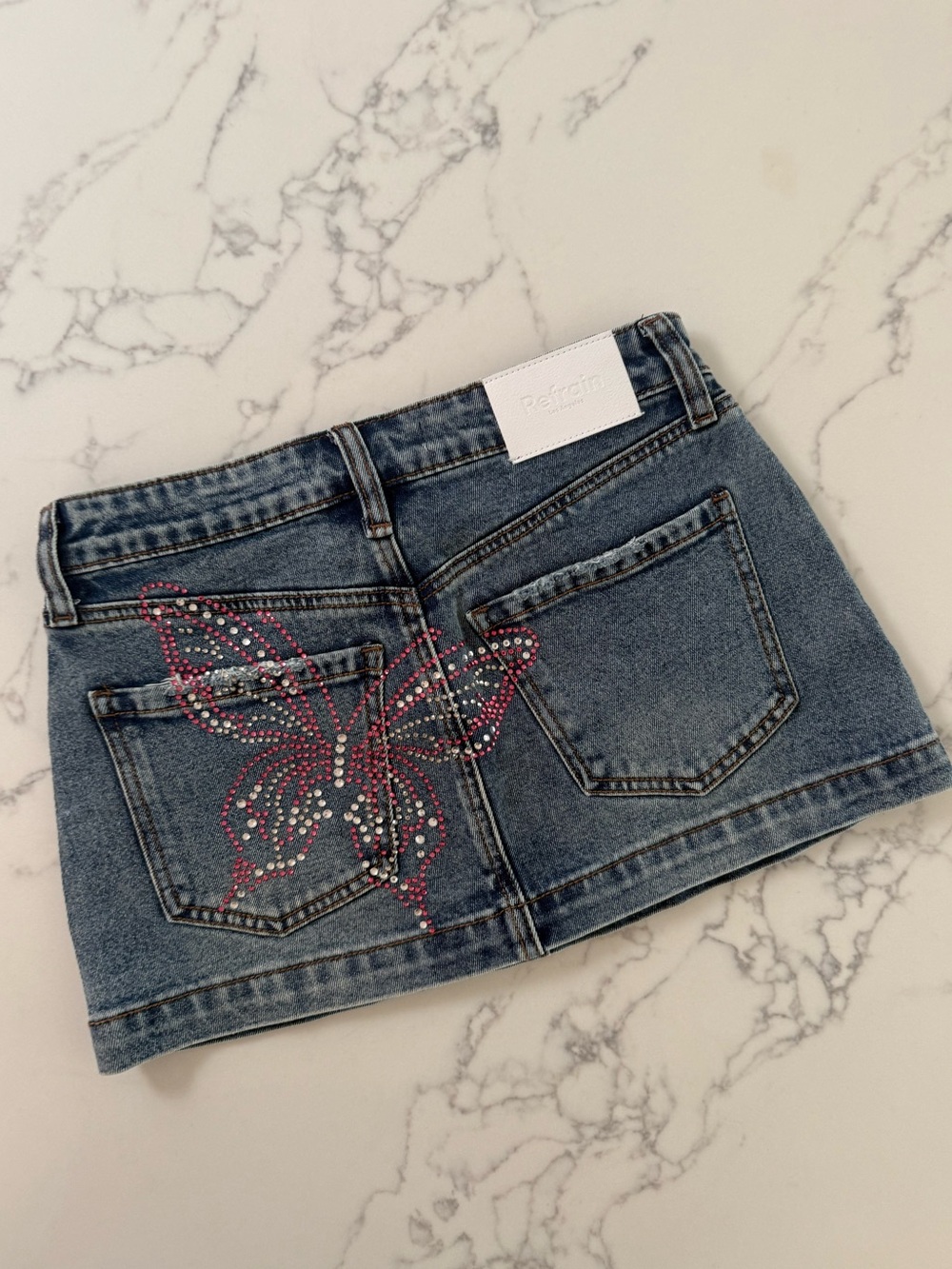 Refrain Rhinestone Butterfly Denim Mini Skirt - Size 0/24